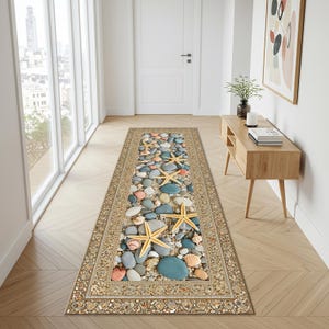 Beach Pebble Runner Rug with Starfish & Seashells, Coastal Summer Floor Mat, Ocean Theme Hallway Kitchen Entryway Decor, Nautical Sand image 2