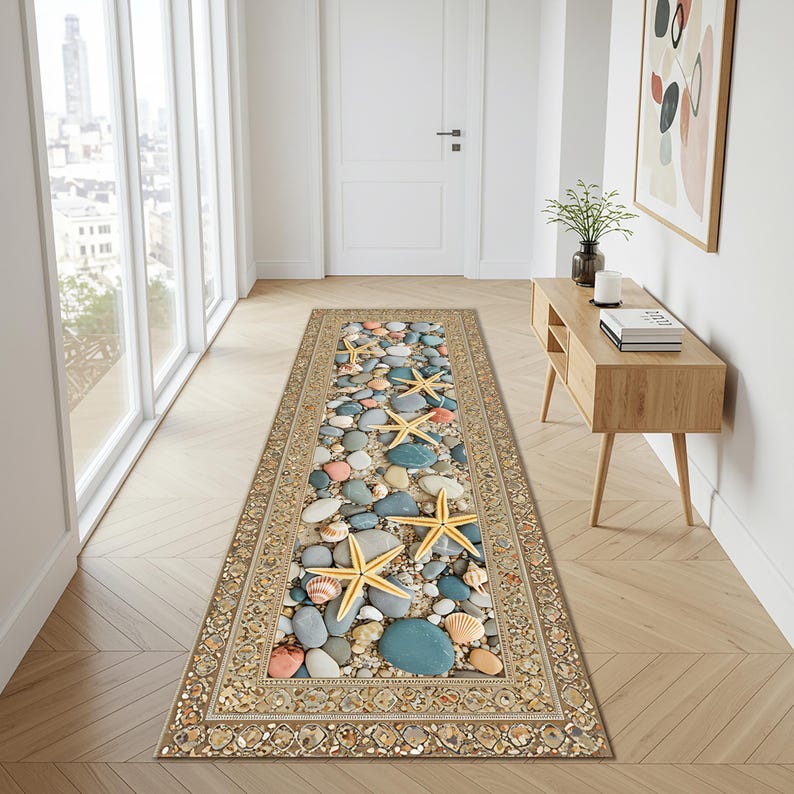 Beach Pebble Runner Rug with Starfish & Seashells, Coastal Summer Floor Mat, Ocean Theme Hallway Kitchen Entryway Decor, Nautical Sand image 2