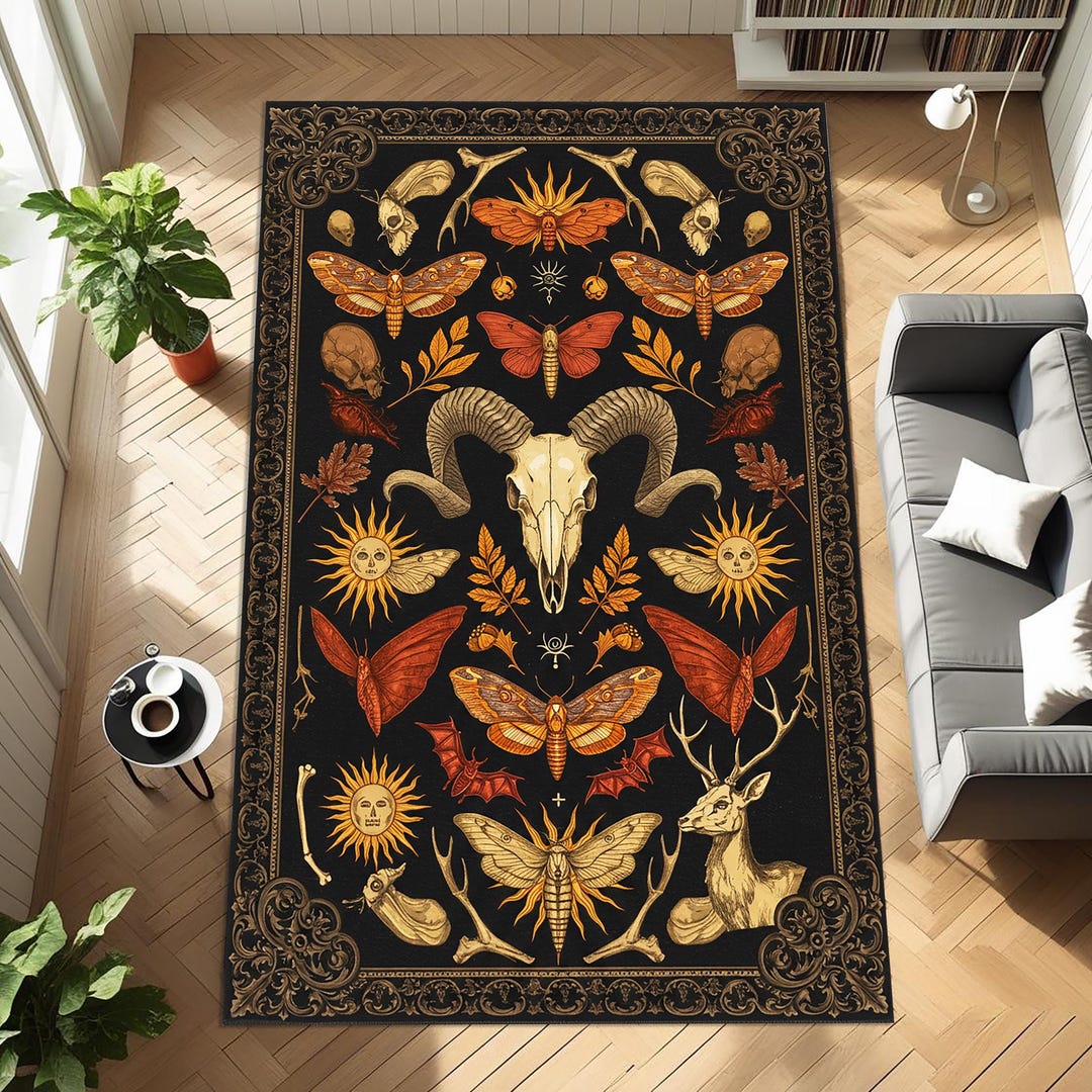 Witchy Gothic Area Rug With Ram Skull Moth and Celestial Sun Moon ...