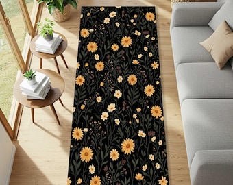 Black Floral Runner Rug, Moody Wildflower Carpet, Dark Botanical Hallway Decor, Cottagecore Daisy Area Rug, Gothic Flower Floor Mat