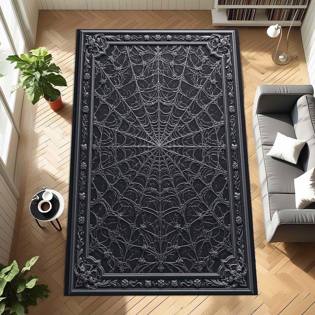 Black Gothic Spider Web Rug With Ornate Border – Witchcore Carpet for ...