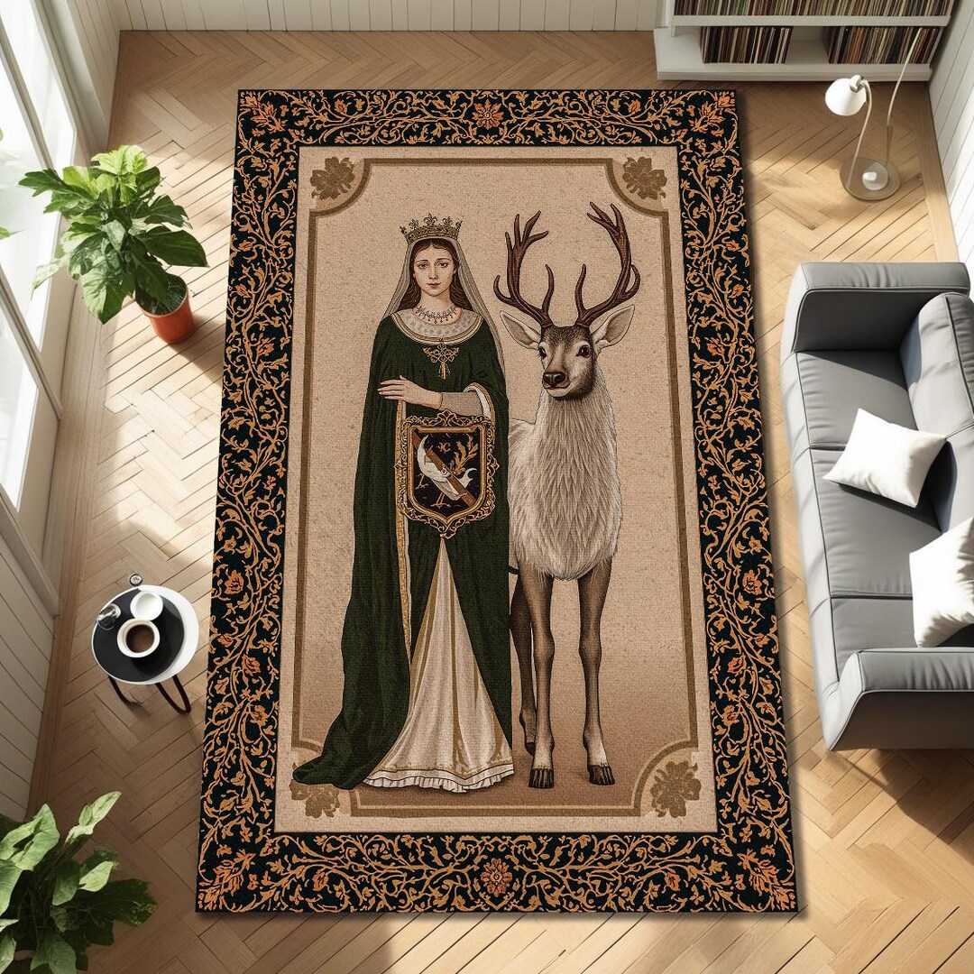 Medieval Lady & Stag Area Rug, Renaissance Tapestry Style Carpet ...