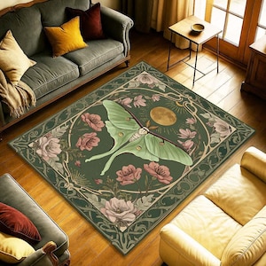 Luna Moth Rug – Art Nouveau Inspired Carpet with Celestial Moon, Botanical Flowers and Mystical Insect Motif for Nature Witch Home Décor