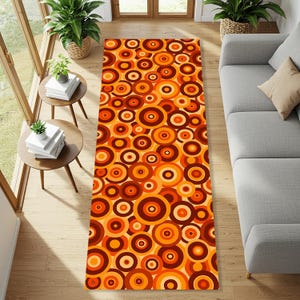 Retro Runner Rug, Mid Century Modern Carpet with Orange Mod Dots, Funky Geometric Pattern for Groovy Hallway or Boho Decor, 70s Style Carpet