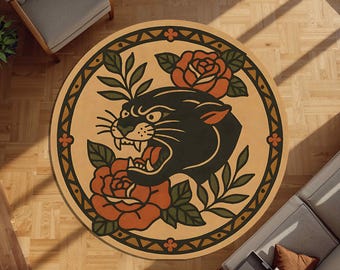 Tattoo Panther Rug in Old School Style with Red Roses, Round Retro Carpet for Rockabilly Decor or Tattoo Studio Accent, Punk Room Vibes