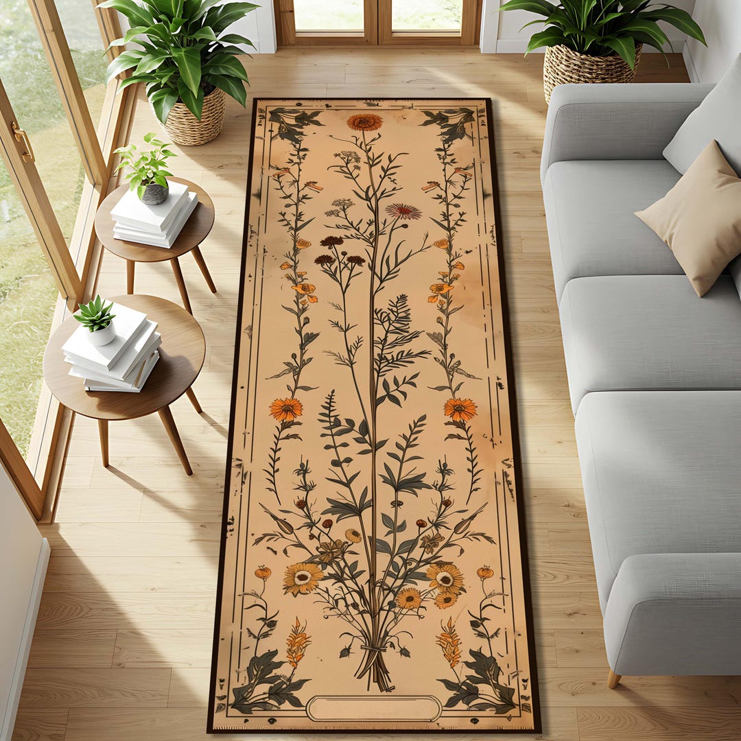 Beige Wildflower Botanical Runner Rug, Vintage Herbarium Floral Hallway ...