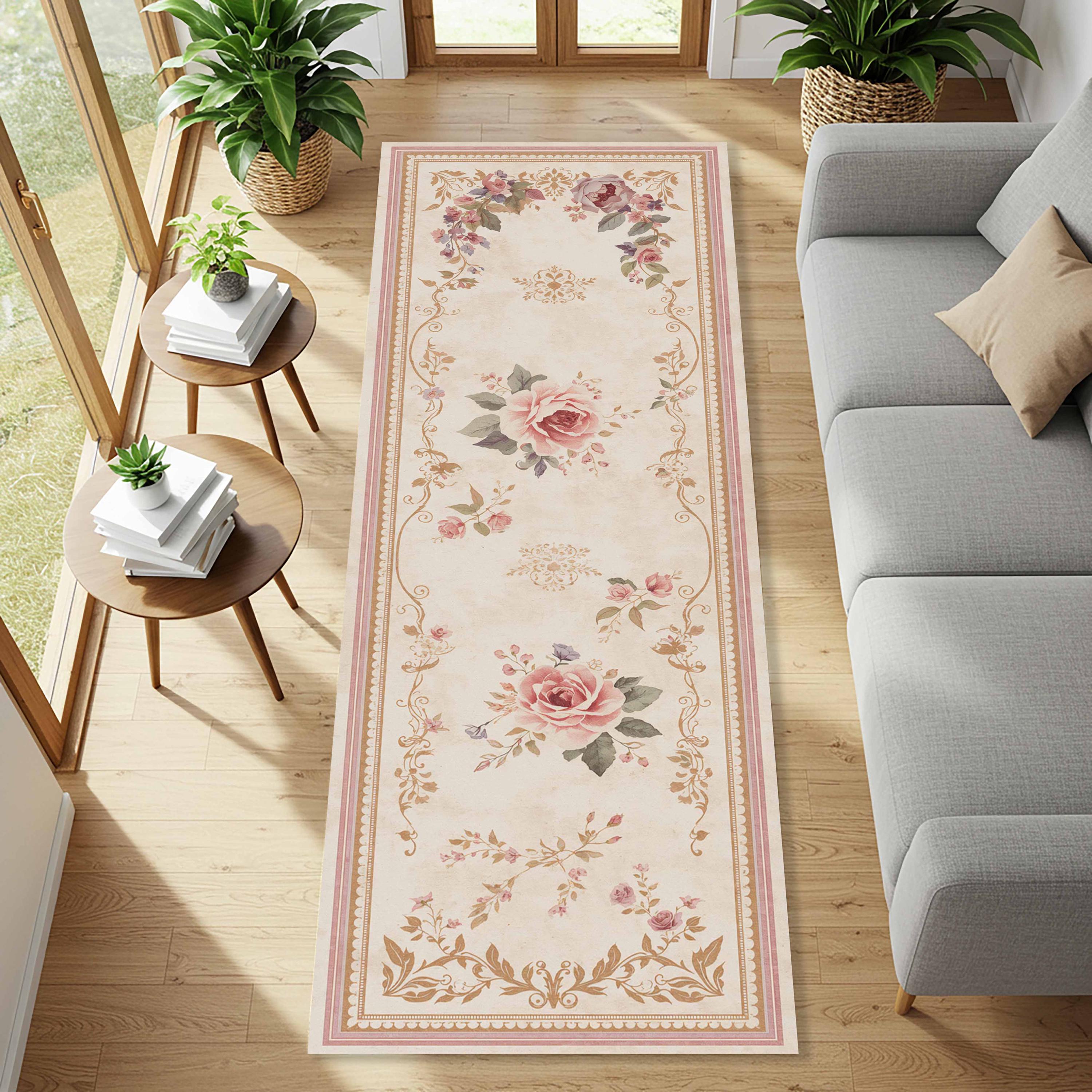 Beautiful Chic French Swirls Pastel Pink Floral 1/12 Dollhouse Miniature Rug (5.3 X 7.8