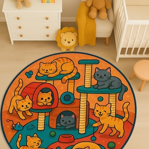 Alfombra redonda con adorables gatos de dibujos animados para sala de juegos, alfombra de árbol para gatos para habitación infantil, alfombra para gatitos, decoración felina caprichosa, ilustración colorida de animales