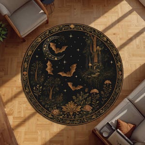 Witchy Round Bat Moon Rug, Gothic Night Forest Carpet, Celestial Halloween Decor, Dark Cottagecore Circle Area Rug for Gothic Bedroom Art