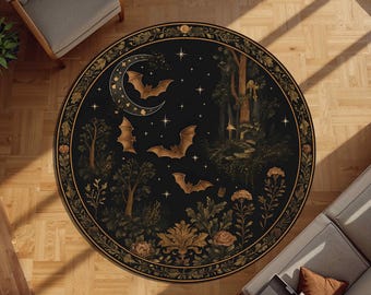 Witchy Round Bat Moon Rug, Gothic Night Forest Carpet, Celestial Halloween Decor, Dark Cottagecore Circle Area Rug for Gothic Bedroom Art