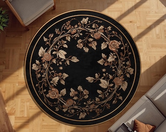 Elegant Black Floral Round Rug for Living Room, Bedroom, Entryway - Vintage Botanical Style Circle Carpet for Women, Couples & Stylish Homes