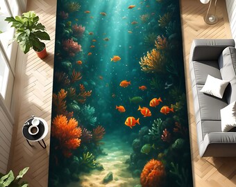 Underwater Coral Reef Area Rug, Tropical Fish Ocean Carpet, Coastal Marine Living Room Decor, Colorful Sea Life Home Accent Gift Design