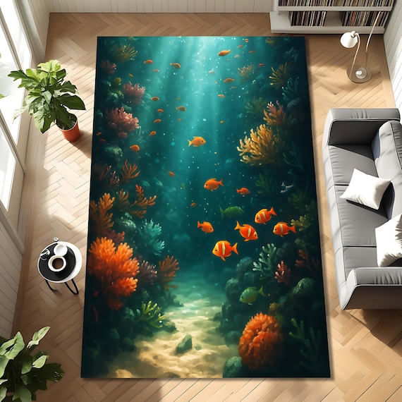 Underwater Coral Reef Area Rug, Tropical Fish Ocean Carpet, Coastal Marine Living Room Decor, Colorful Sea Life Home Accent Gift Design