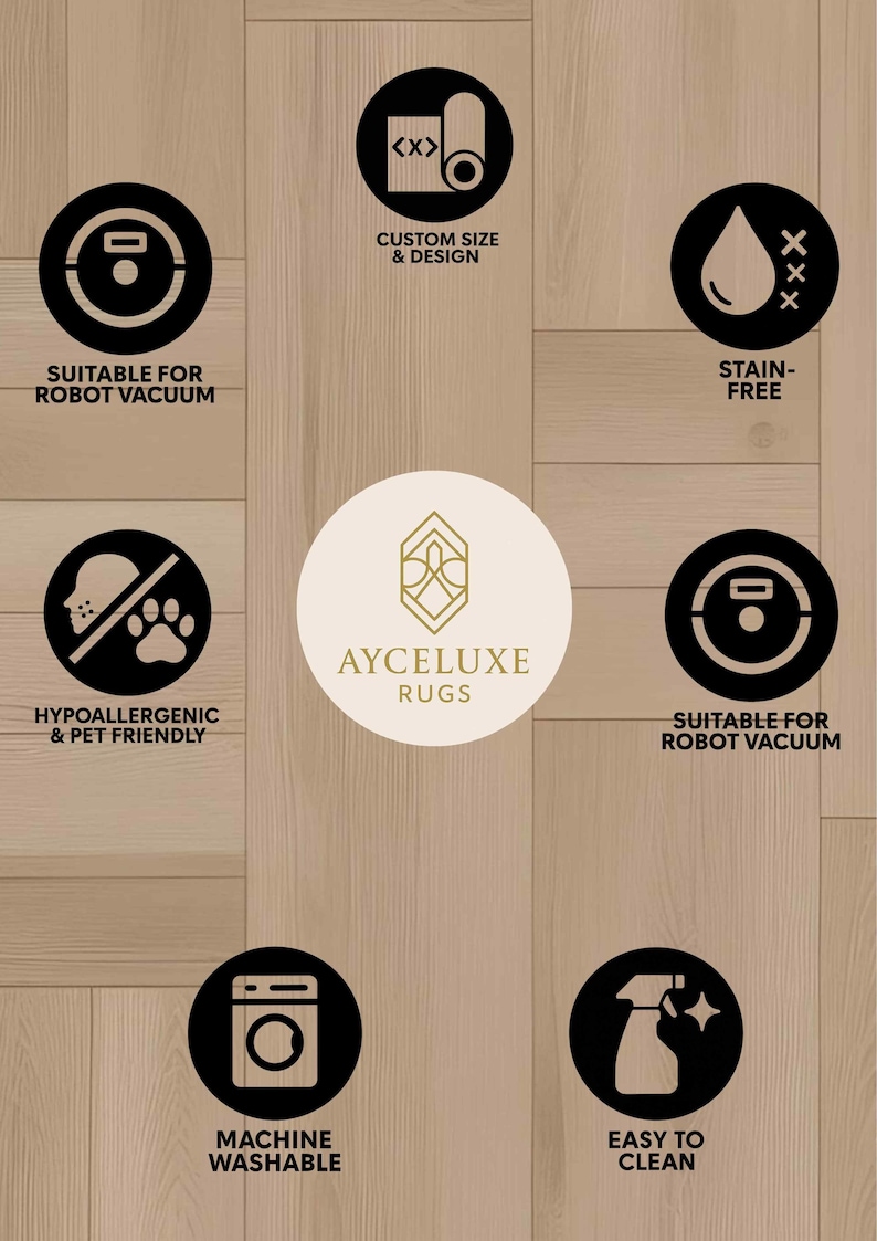 May include: Image showcasing a rug with features like custom size, stain-free, and machine washable. The rug is also hypoallergenic and pet-friendly, suitable for robot vacuums, and easy to clean. The brand name is Ayceluxe Rugs.