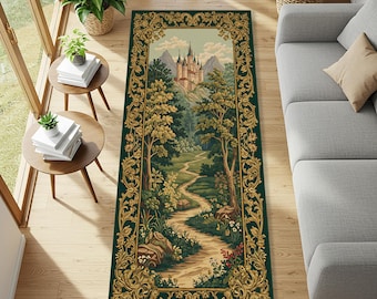 May include: A rectangular green rug with a detailed landscape scene featuring a castle, trees, and a winding path. The rug has a gold ornate border. The scene depicts a path leading to a castle on a hill, surrounded by trees and mountains.