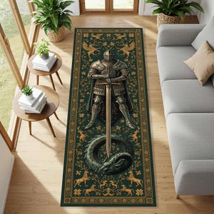 May include: A rectangular green rug with a medieval knight design. The rug features a knight in full armour holding a sword, a dragon, and decorative gold accents. The rug is approximately 91 cm wide and 183 cm long.