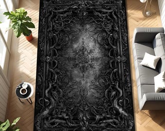 Gothic Grimoire Rug, Black Ornate Book Cover Carpet, Dark Academia Victorian Vines Floor Decor, Witchy Occult Home Area Rug, Living Room Mat