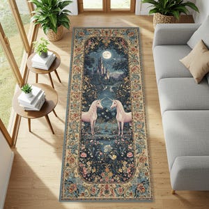 Fairytale Unicorn Runner Rug with Castle and Moonlight Scene, Mystical Fantasy Carpet for Boho Kids Room or Whimsical Home Decor
