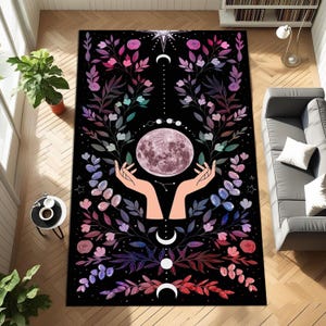 Mystic Moon Phase Rug, Spiritual Witchy Tapestry with Hands and Crystal Botanicals, Feminine Celestial Carpet Design for Meditation,