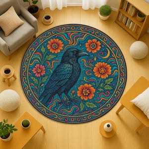 Mystical Raven Round Rug with Boho Floral Pattern, Colorful Mandala Style Carpet for Meditation, Unique Spiritual Bird Design Floor Art
