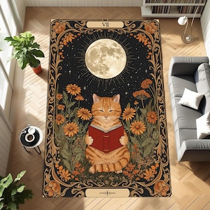 Moon cat reading rug, mystical tarot cat rug, enchanted floral feline rug, full moon art rug, orange cat magic rug, night forest carpet