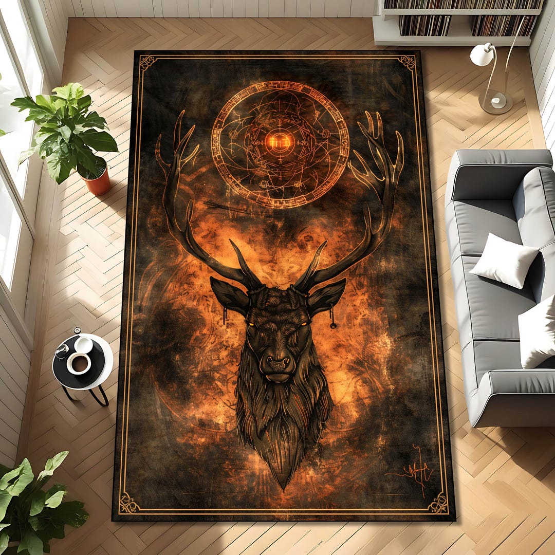 Occult Stag Deer Area Rug, Dark Academia Witchy Antler Carpet With ...