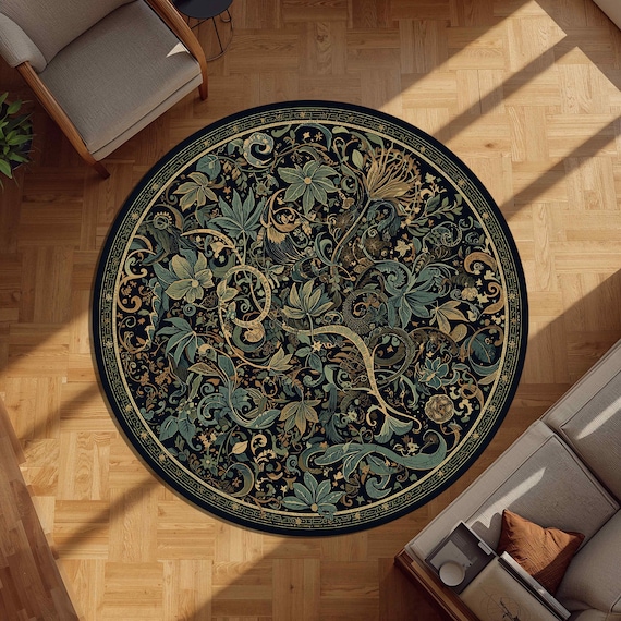 Round Vintage Floral Rug, Navy Gold Botanical Medallion Carpet, William Morris Style Circle Area Rug for Living Room Bedroom Decor
