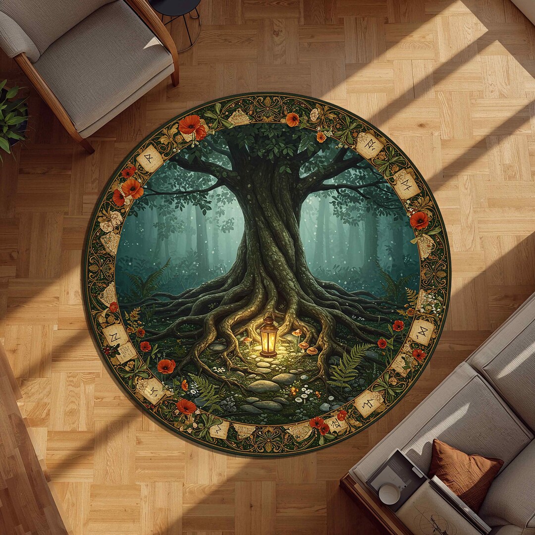 Magical Forest Rug Mystical Forest Tree Round Rug With Glowing Lantern Art and Floral ...