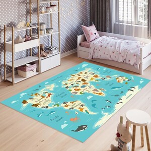 World Map Animal Kids Rug, Educational Carpet with Continents and Wildlife, Toddler Learning Mat for Nursery, Classroom or Playroom Decor