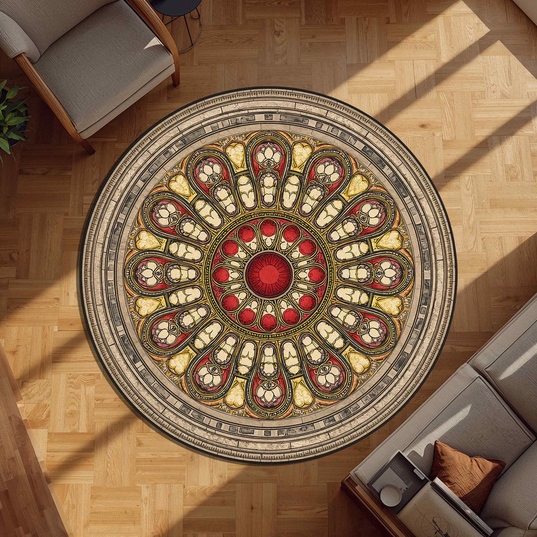 Round Gothic Rug Gothic Rose Window Round Rug, Stained Glass Cathedral Area Carpet ...
