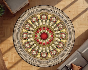 Gothic Rosenfenster Runder Teppich, Glasmalerei-Kathedrale-Bereich-Teppich, Heilige Geometrie Dark Academia Decor für Wohnzimmer Schlafzimmer Haus