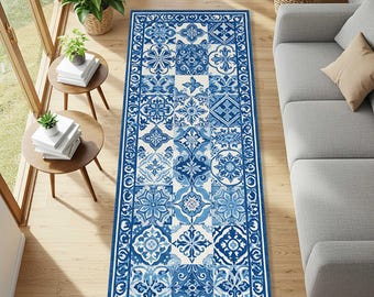 Tappeto in stile mediterraneo per cucina o ingresso, tappeto blu e bianco con motivo geometrico, tappeto costiero per corridoio ideale per case estive.
