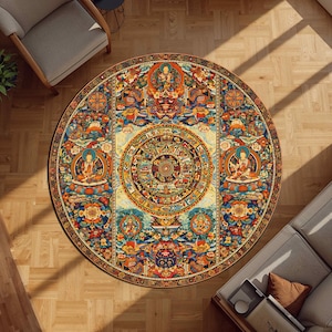 Buddhist Mandala Round Rug, Sacred Wheel of Life with Guardian Deities, Mythological Spiritual Circle, Tibetan Enlightenment Carpet