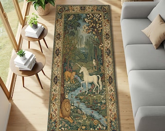 Mystic Forest Unicorn Rug, Enchanted Animal Scene Carpet, Medieval Nature Art, Fantasy Woodland Floor Design, Lion And Owl Mythical Mat