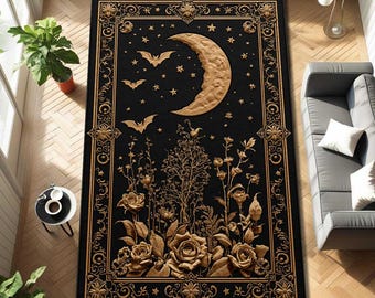 Alfombra gótica de media luna con murciélagos y rosas doradas, alfombra botánica celestial nocturna para la decoración de la sala de estar y el dormitorio de la academia oscura.