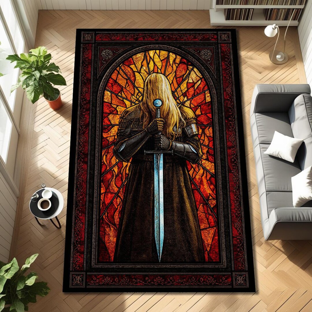 Knight Castle Rug Gothic Stained Glass Knight Rug, Medieval Sword Warrior Carpet, Red ...
