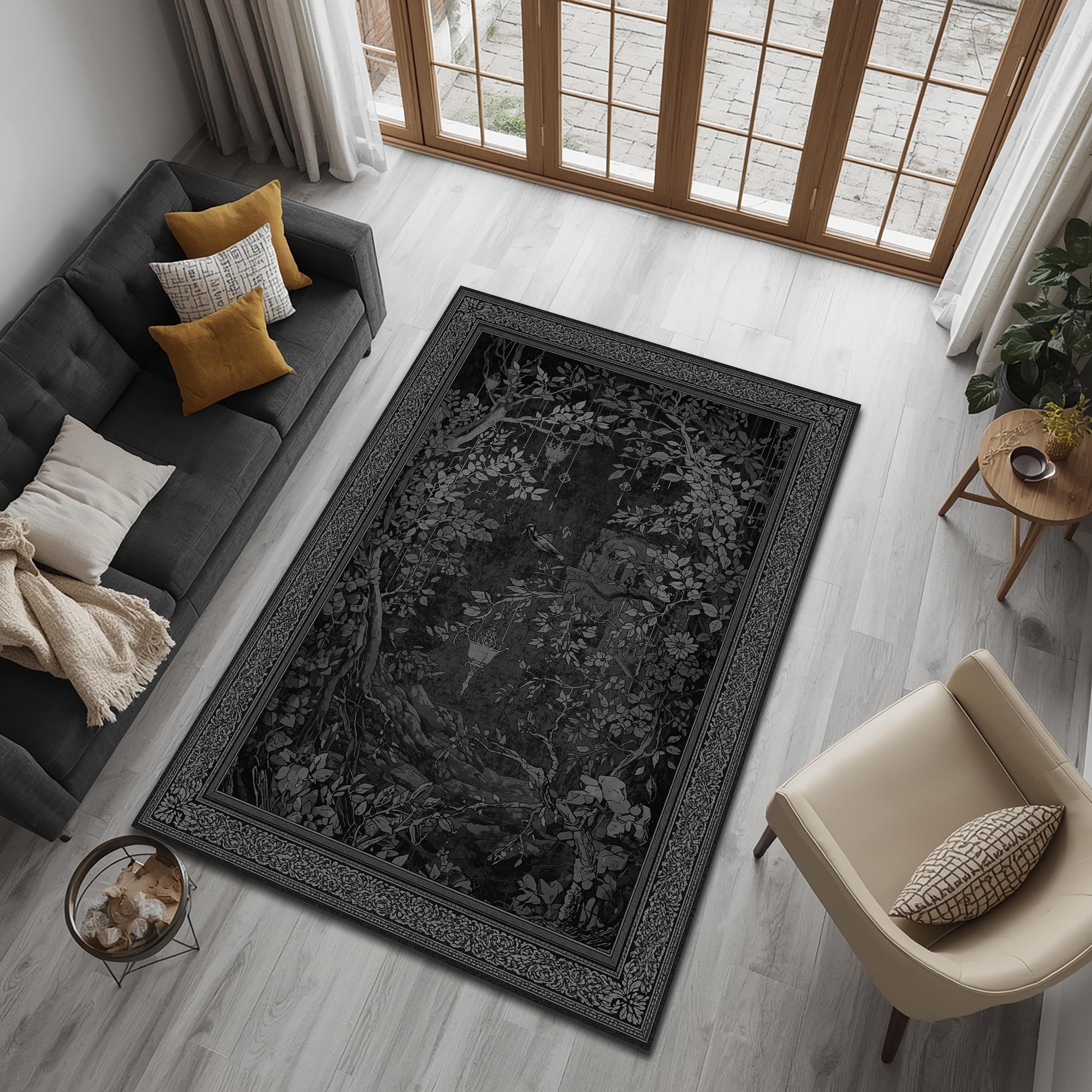 Gothic Dark Forest Rug With Raven and Lanterns, Monochrome Woodland ...