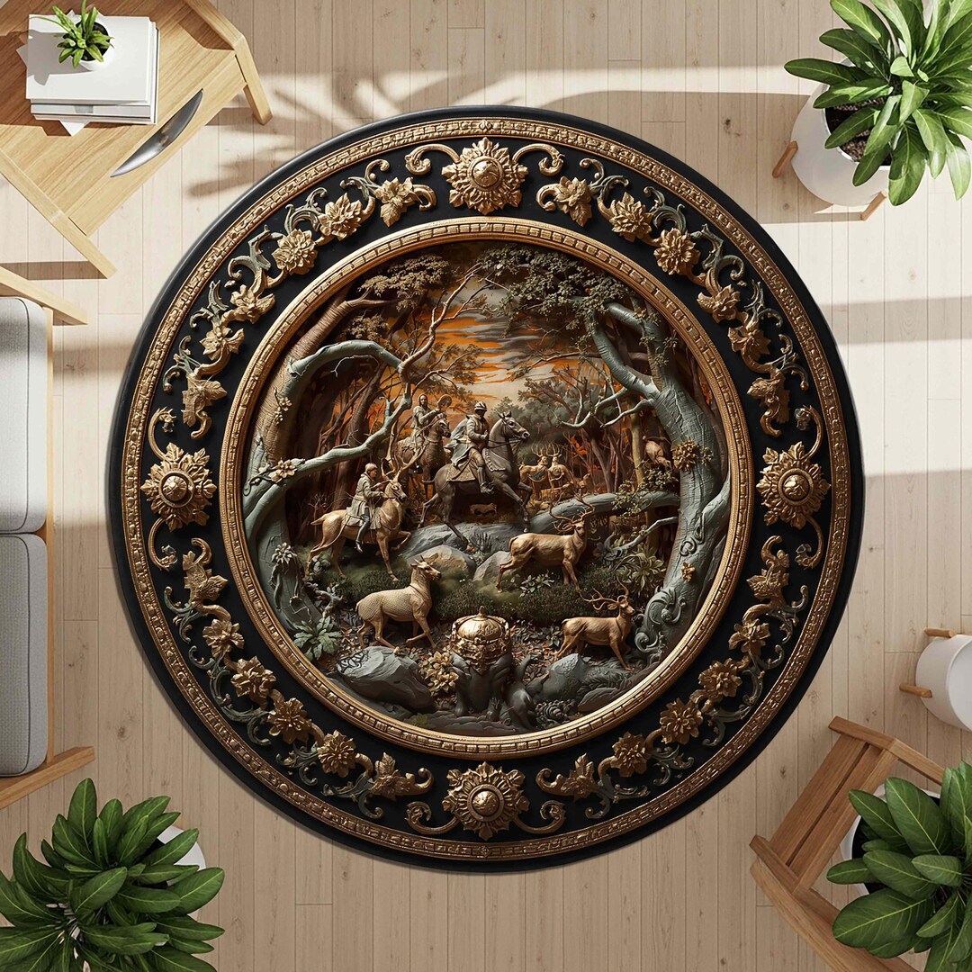 Round Hunting Scene Rug for Living Room Decor, Ornate Vintage Style ...