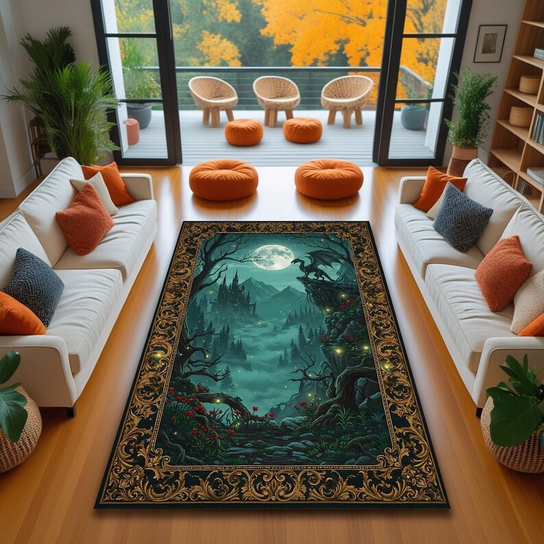 Fantasy Rug Collection Moonlit Dragon Castle Area Rug, Gothic Fantasy Forest Carpet With ...