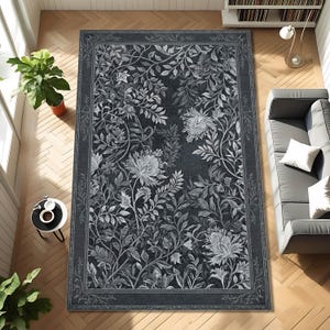 Gray Botanical Area Rug, Vintage Floral Living Room Carpet, Charcoal Leaf Pattern Rug, Elegant Cottagecore Home Decor Gift for Bedroom