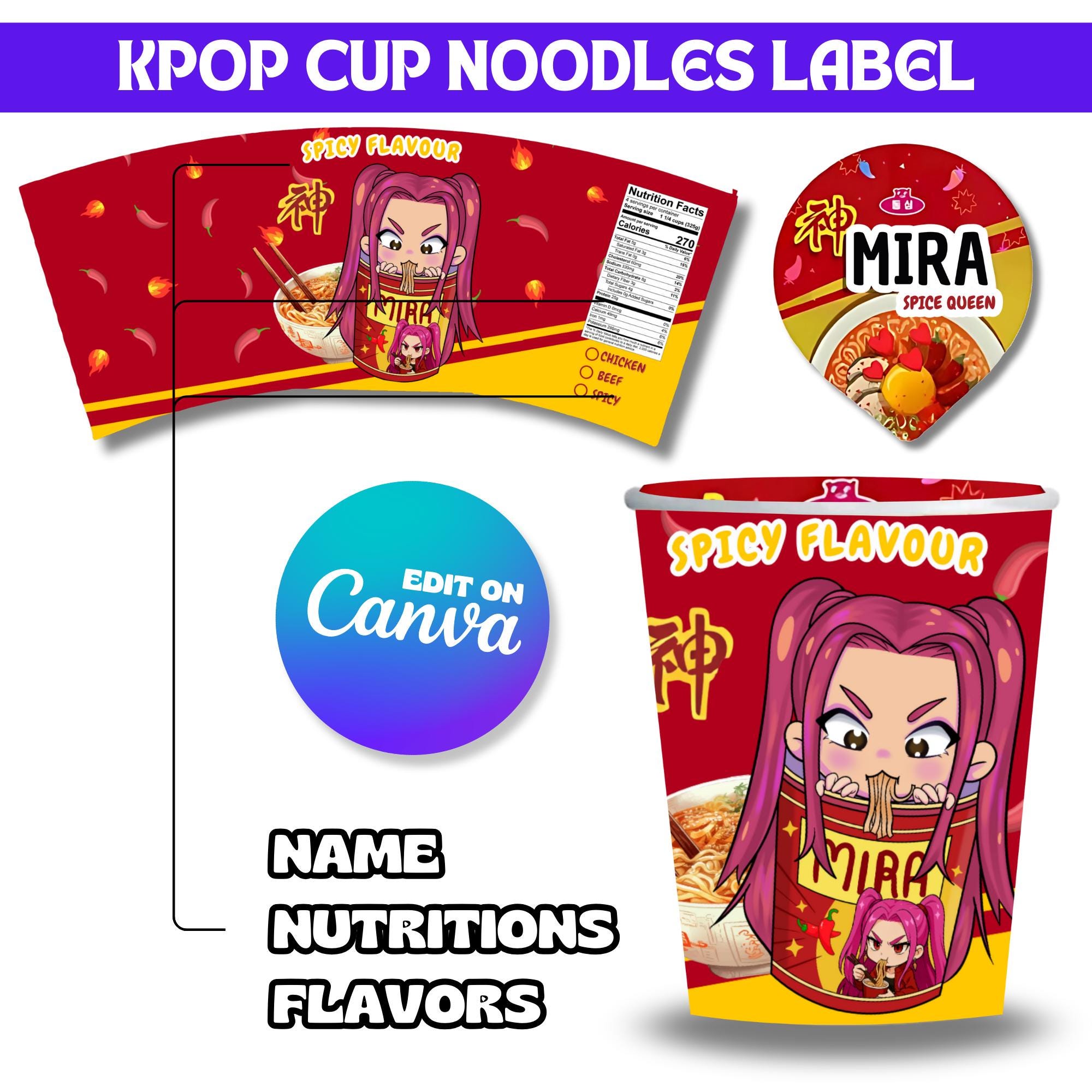 Kpop Demon Hunters, Canva Editable Cup Noodle Labels Ramyeon