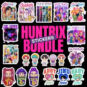 May include: A sticker bundle featuring various designs, including anime-style illustrations of people and text that reads "HUNTRIX STICKERS BUNDLE". The stickers showcase a range of colors and styles, suitable for decorating laptops, notebooks, or other items.