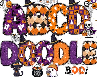 Halloween Doodle Alphabet PNG Bundle: Spooky Letters, Numbers, Clipart