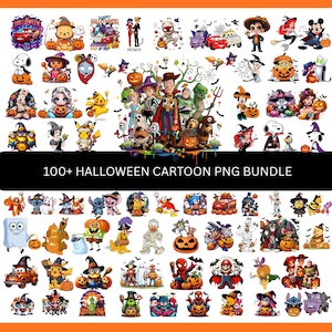 May include: A digital collection of over 100 Halloween-themed cartoon character illustrations featuring various popular figures in costumes, holding pumpkins, and surrounded by festive elements, labeled 100+ HALLOWEEN CARTOON PNG BUNDLE.