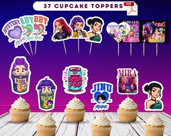 35+ drukowanych dekoracji na imprezę K-Pop Demon Hunters, ozdoby na babeczki Huntrix, ozdoby na babeczki K-Pop Huntrix Saja Boys, Ru-mi, Mi-ra, Zo-ey