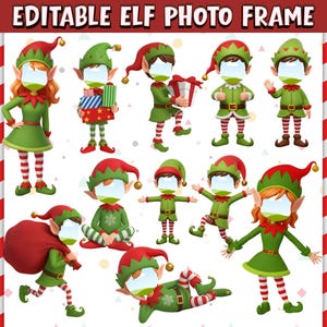 Könnte beinhalten: Eine Sammlung von Elf-Fotorahmen in verschiedenen Posen. Jeder Elf trägt ein grünes Outfit mit roten Akzenten, einschließlich Hüten, Kragen und gestreiften Socken. Der Text "EDITABLE ELF PHOTO FRAME" befindet sich oben.