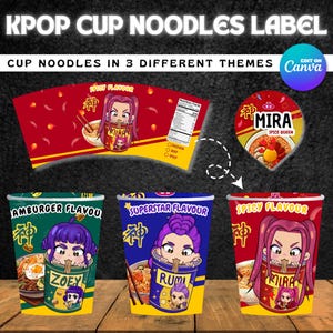 以下が含まれることがあります： KPOPカップヌードルのラベル。Amburger、Superstar、Spicyの3つの異なるフレーバーがあります。各カップは、漫画のキャラクターとフレーバー名が付いたユニークなデザインです。スパイシーフレーバーは「Mira Spice Queen」と表示されています。