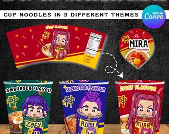Kpop Demon Hunters, Canva Redigerbara Cup Noodle Etiketter Ramyeon, Cosplay Party Huntrix Ramen, Rumi Mira Zoey, Kpop party, Utskrivbart paket