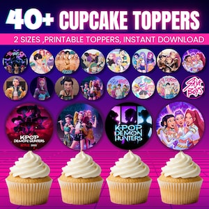 May include: An image promoting cupcake toppers with K-Pop group designs. The toppers are circular and feature colorful illustrations. The image also includes four cupcakes with white frosting. Text reads "40+ CUPCAKE TOPPERS" and "2 SIZES, PRINTABLE TOPPERS, INSTANT DOWNLOAD".