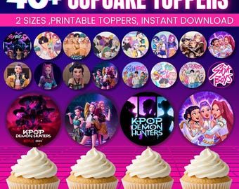Ponad 40 dekoracji na babeczki z motywem Łowcy Demonów w stylu K-Pop, dekoracje na przyjęcie urodzinowe Huntrix, ozdoby na babeczki Saja Boys, zestaw ozdób na babeczki Rumi, Mira i Zoey